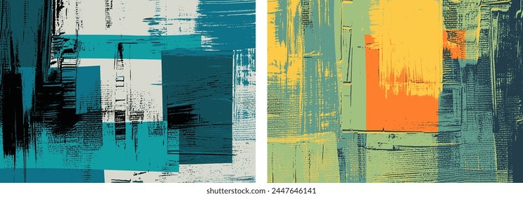 Green and orange grungy backdrops, paint strokes on canvas. Set of abstract paintings, colorful abstract background