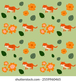 Green Orange hand drawn Tiger animals and floral and leaf seamless pattern vector