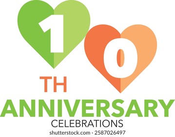 green and orange heart shape number 10 with word TH  ANNIVERSARY celebrations are in the bottom.