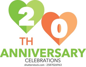 green and orange heart shape number 20 with word TH  ANNIVERSARY celebrations are in the bottom.