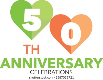 green and orange heart shape number 50 with word TH  ANNIVERSARY celebrations are in the bottom.