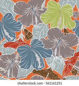 Green and orange hibiscus pattern. Watercolor floral seamless pattern. Exotic vector seamless pattern floral design. Textile print for bed linen, jacket, package design, fabric and fashion concepts.