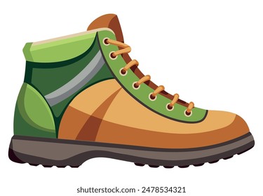 Green and orange hiking boot with laces. Vector illustration