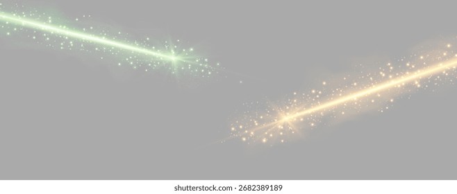 Rayos láser Horizontales verdes y naranjas. Línea de neón, puntero de presentación. Efecto de luz de destello brillante. Ilustración vectorial. Aislado sobre fondo gris.