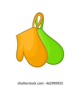 Green and orange kitchen gloves icon in cartoon style on a white background