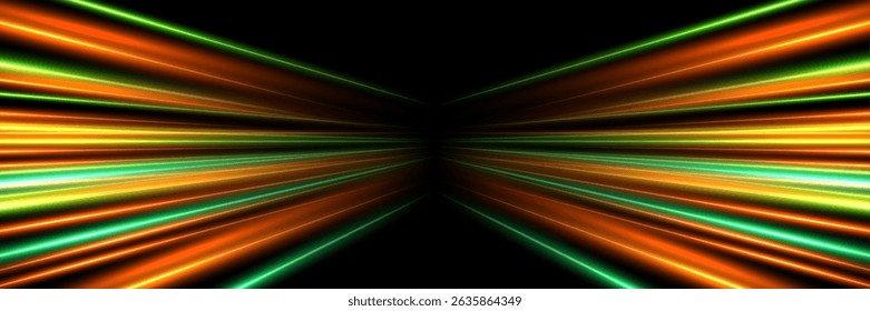 Fondo de luces láser verde y naranja. Abstractas rayos de luz brillante en perspectiva sobre fondo oscuro. Escenario de neón futurista, túnel de ciencia ficción, iluminación de conciertos o discotecas. Ilustración vectorial.