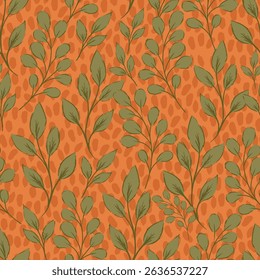 Green and Orange Leaves Botanical Vector Seamless Pattern