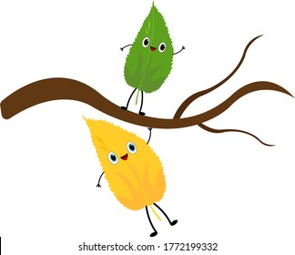 green and orange leaves on a thin wooden branch funny cartoon characters laughing on a white background concept of the transition of summer to autumn
