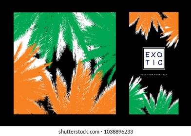 Green and orange leaves silhouettes of coconut palm tree.
Realistic monochrome vector illustration.Template, design element for summer holiday, travel and vacation concept.