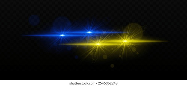 Green and orange light beams with radiant star-like glare and soft bokeh effects. Bright points of light and glow on a dark background, creating a layered lighting effect