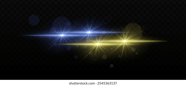 Green and orange light beams with radiant star-like glare and soft bokeh effects. Bright points of light and glow on a dark background, creating a layered lighting effect