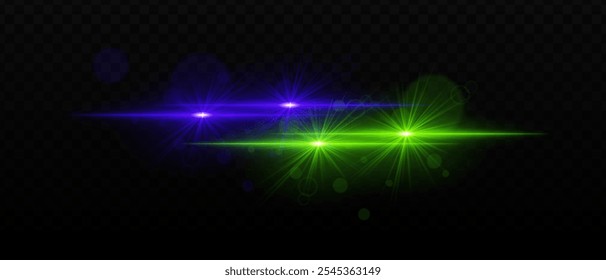 Green and orange light beams with radiant star-like glare and soft bokeh effects. Bright points of light and glow on a dark background, creating a layered lighting effect