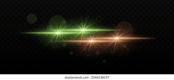 Green and orange light beams with radiant star-like glare and soft bokeh effects. Bright points of light and glow on a dark background, creating a layered lighting effect