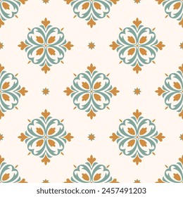 Green and orange luxury vector seamless pattern. Ornament, Traditional, Ethnic, Arabic, Turkish, Indian motifs. Great for fabric and textile, wallpaper, packaging design or any desired idea.