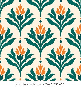 Green and orange luxury vector seamless pattern. Ornament, Traditional, Ethnic, Arabic, Turkish, Indian motifs. Great for fabric and textile, wallpaper, packaging design or any desired idea.