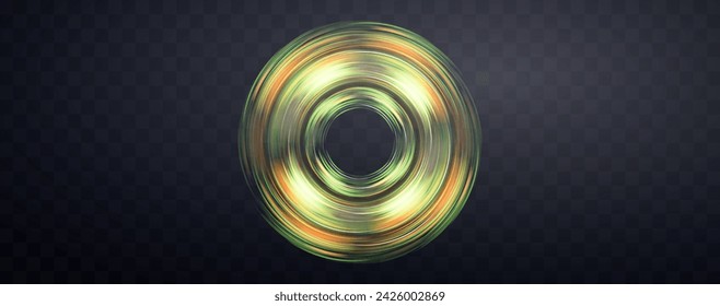 Anillo mágico verde y naranja. Efecto de zoom en movimiento, líneas de velocidad de resplandor, rayas de luz de colores, rayas. Efecto de luz abstracta sobre un fondo transparente oscuro. Ilustración vectorial.