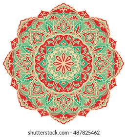 Green and orange mandala. Vector round pattern. Oriental ornament on a white background. Design element. 