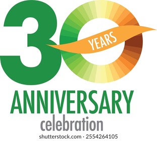 green and orange monochrome color number 30 with word anniversary celebration in the bottom isolated on white background.