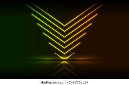 Fondo de tecnología de flechas láser de neón naranja verde. Diseño de Vector gráfico brillante futurista
