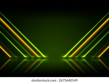 Green orange neon laser lines technology background. Futuristic glowing graphic vector design