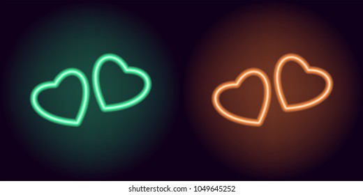 Green and orange neon pair of hearts. Vector silhouette of neon hearts consisting of outline, with backlight on the dark background