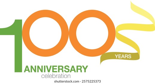 green and orange number 100 with yellow confetti and word anniversary celebration are at the bottom.