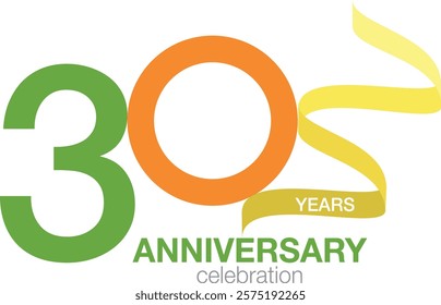 green and orange number 30 with yellow confetti and word anniversary celebration are at the bottom.