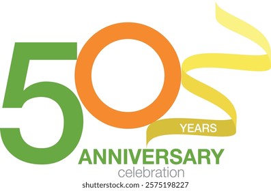 green and orange number 50 with yellow confetti and word anniversary celebration are at the bottom.