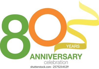 green and orange number 80 with yellow confetti and word anniversary celebration are at the bottom.