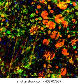 Green and orange on a dark background. Ovals, straight thin lines, scratches. Randomly mixed. Transparency, overlay, overlap. Easy editing. Seamless abstract vector pattern.