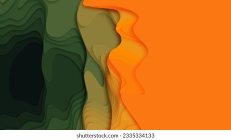 Green to orange paper layers. 3D abstract gradient papercut. Colorful origami shape concept