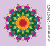 Green, orange, pink and blue colour-based rangoli cum mandala designs or illustration.