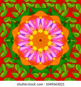 Green, orange and red leaf seamless pattern. Paisley elements. Floral pattern. Great for fabric and textile, packaging or any desired idea. Traditional, Arabic, Turkish, Indian motifs. Ornament.