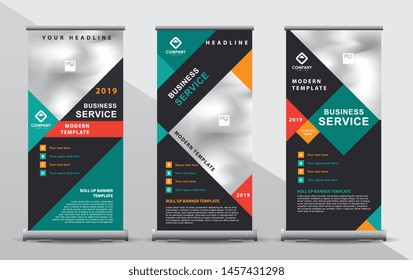 Green and orange roll up banner template. Modern design composition portrait presentation.