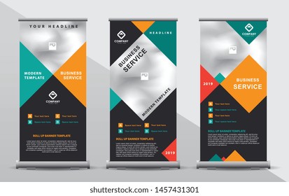 Green and orange roll up banner template. Modern design composition portrait presentation.