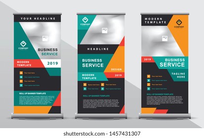 Green and orange roll up banner template. Modern design composition portrait presentation.