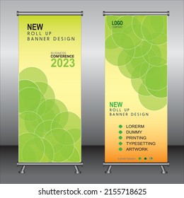 Green and orange roll up banner template design,banner layout, advertisement, pull up, polygon background, vector illustration, business flyer, display, x-banner, Info graphics, presentation.
