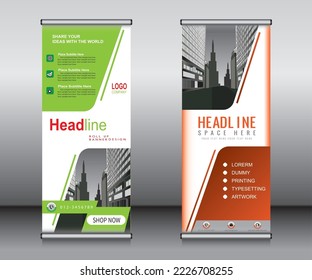 Green and orange roll up banner template design,banner layout, advertisement, pull up, polygon background.