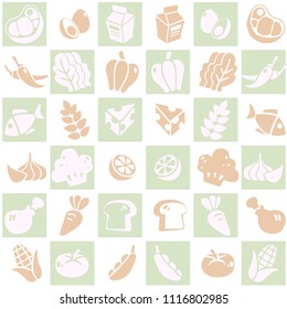 Green and orange seamless background of food and ingredients pattern theme. Freehand drawing in cute style. Vector illustration. 