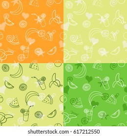 green orange set of 4 fruit summer seamless patterns of banana, apple, watermelon and orange juice