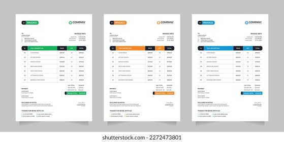 Green, orange, and sky colors professional minimal business invoice design. Print templates.