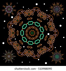 Green and orange snowflakes set in abstract style. Freehand ethnic Xmas design. Ornamental artistic vector sketch in green and orange colors for Merry christmas cards. New Year 2017-2018 collection.
