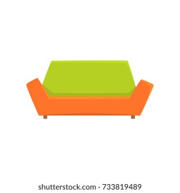 Green and orange sofa or couch, living room or office interior, furniture for relaxation cartoon vector Illustration