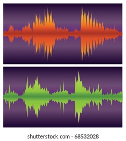 green and orange soundwaves on purple, vector