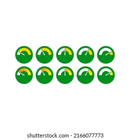 grüner und orangefarbener Geschwindigkeitsmesser. 10-Stufen-Display-Konzept. Geschwindigkeitsmesser für Industrie, Wirtschaft und Sport