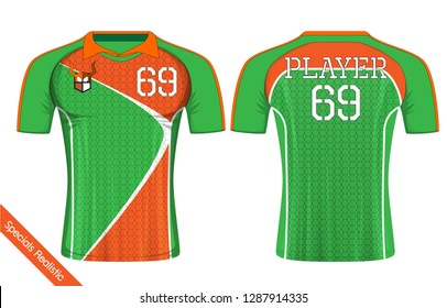 Green and orange sport wear protection equipment vector illustration.layout football sport t-shirt design. Template front, back view. Soccer kit national team shirt mock up and number for edit.