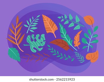 Green and orange tree leaves vector illustrations set. Cartoon drawings of leaves of plants, flowers on purple background. Nature, foliage, botany, flora, autumn or fall concept