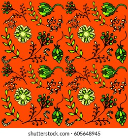 green orange vector floral pattern in scribble style with flowers and leaves. Delicate, spring-summer floral background, wedding card, design elements