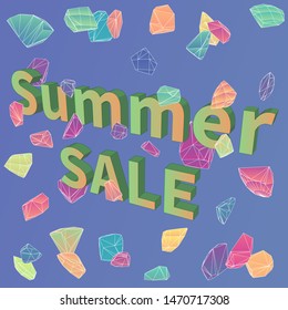 Green and orange vector text and abstract background with colorful pieces - red, pink, blue, violet. Summer sale. 