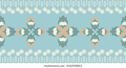 Green, orange, white, and blue ikat tribal-style fabric pattern. Ethnic Ikat vector illustration seamless pattern. Ikat edge decoration for carpet, clothing, batik, saree, sarong, and motif.